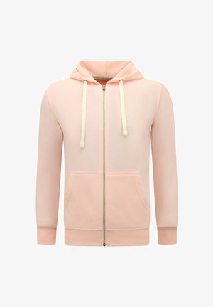 Lichtroze hoodie met ritssluiting, trekkoorden en zakken aan de voorkant, afgebeeld op een witte achtergrond.