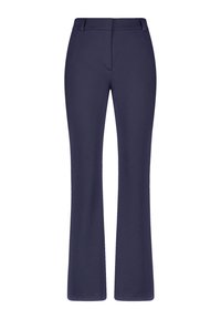 Mörkblå skräddarsydda byxor med medelhög midja, framdragkedja, bälteshällor och en lätt utsvängning i fållen.