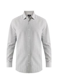Camicia a righe grigia e bianca, con colletto classico, maniche lunghe e vestibilità regolare, realizzata in un tessuto ordinato e testurizzato.