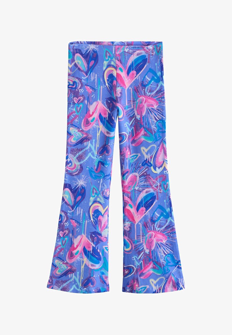 Blaue Hose mit weitem Bein und lebhaften pinken, lila und türkisfarbenen Herz- und abstrakten Graffiti-Mustern überall.