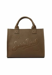 Brown, gestructureerde leren handtas met dubbele handgrepen bovenaan. Voorzien van de gegraveerde tekst "Dromen van het Paradijs van Saint Barth" aan de voorkant. Rechthoekige vorm.
