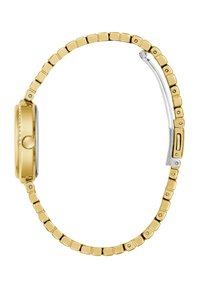 Vista laterale di un orologio d'oro con bracciale a maglie quadrate e chiusura argentata, caratterizzato da una corona rotonda e piccoli cristalli incastonati sulla cassa.