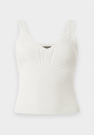 White ribbed knit tank top with thick straps, features a textured pattern and a fitted silhouette, designed for a snug fit.