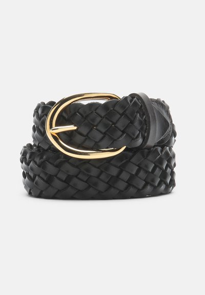 Black braided leather belt coiled with a rounded gold metal buckle, displayed against a plain light gray background.