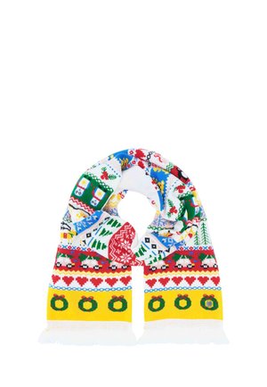 Colorful knitted scarf with Christmas patterns including wreaths, hearts, trees, and Santa's sleigh against a white background.