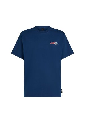 Navy blue cotton t-shirt with short sleeves and a crew neckline. Features red and white logo text on the chest. Tag visible at the lower side.