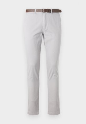 Light gray pants made of cotton with a slim fit. Features a brown leather belt and minimal stitching details on the sides.