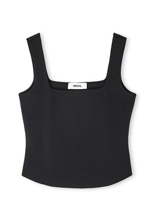 Top negro sin mangas con escote cuadrado, diseño estructurado y textura suave. Etiqueta visible en el escote con "IPEKYOL".