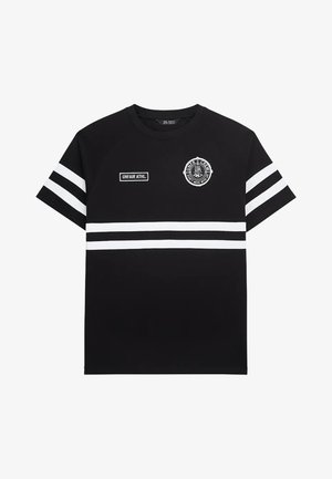 Black short-sleeve t-shirt with two white horizontal stripes on sleeves and chest, featuring "UNFAIR ATHL" and circular "WINTER CREW" logos.