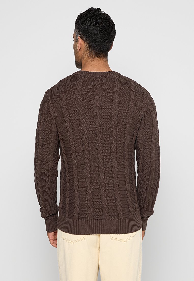 Maglione marrone a treccia con maniche lunghe, colletto e orlo a costine. Presenta motivi testurizzati verticali e un fit comodo.