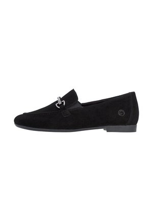Black suede loafers with a polished metal buckle accent, rounded toe, and flat rubber sole, featuring stitching along the edge.