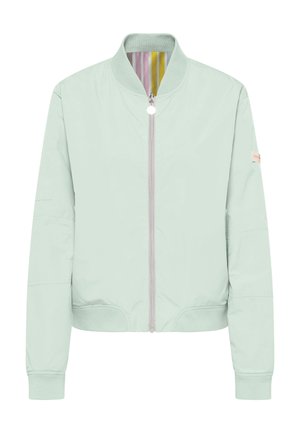 Hellgrüne Bomberjacke mit Frontreißverschluss, geripptem Kragen und Bündchen sowie einer farbenfrohen gestreiften Innenfutter, das am Kragen sichtbar ist.