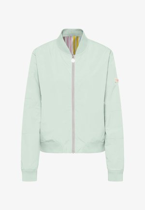 Hellgrüne Bomberjacke mit Frontreißverschluss, geripptem Kragen und Bündchen sowie einer farbenfrohen gestreiften Innenfutter, das am Kragen sichtbar ist.