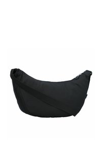 Borsa a tracolla nera realizzata in tessuto resistente, con una forma curvata, tracolla regolabile e chiusura con zip su un lato.