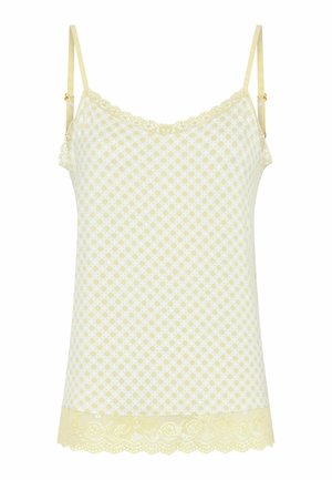 Lichtgele cami met een wit diamanten patroon, gegolfde kantafwerking bij de halslijn en zoom, en verstelbare spaghettibanden.