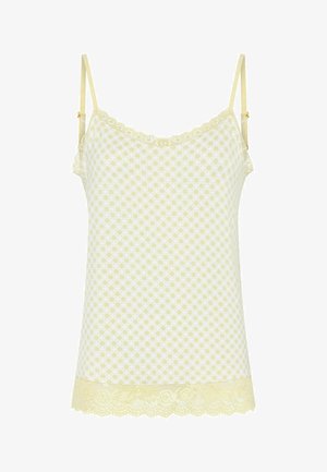 Lichtgele cami met een wit diamanten patroon, gegolfde kantafwerking bij de halslijn en zoom, en verstelbare spaghettibanden.