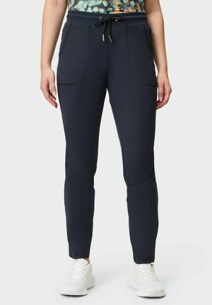 Marineblaue Sporthosen mit einem Kordelzugbund, geschwungenen Seitentaschen und figurbetonten Beinen. Hergestellt aus dehnbarem Material für Komfort und Beweglichkeit.