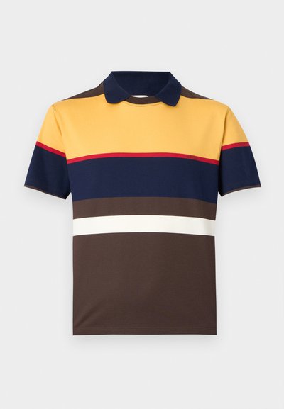 Short-sleeve polo shirt with horizontal color blocks in yellow, navy, red, brown, and white on a plain background.