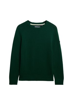 Groen gebreid sweater met een ronde hals, geribde manchetten en zoom met lichte zijsplitsingen. De stof lijkt glad en heeft een licht verhoogde textuur.