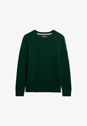 Groen gebreid sweater met een ronde hals, geribde manchetten en zoom met lichte zijsplitsingen. De stof lijkt glad en heeft een licht verhoogde textuur.