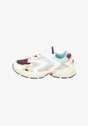 White, beige, light blue, and burgundy sneaker with wavy patterns, mesh panels, thick sole, and laces, shown from the side on white background.