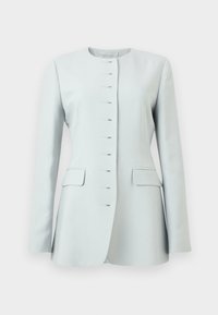 Γυναικείο σακάκι σε ανοιχτό γαλάζιο χρώμα με μακριά μανίκια, στρογγυλή λαιμόκοψη, κλεισίματα με άγκιστρο και θηλιά, και τσέπες με πτερύγια και στις δύο πλευρές.