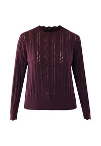 Maglione tricot color bordeaux con design a rete verticale, scollatura a onda e maniche lunghe. Presenta orlo a coste e dettaglio del logo.