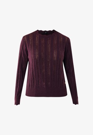 Burgundy knitted sweater with vertical openwork design, scalloped neckline, and long sleeves. Features ribbed hem and logo detail.