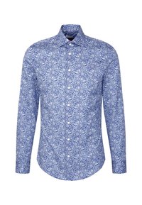 Camicia a maniche lunghe blu con motivo floreale e paisley bianco, colletto a camicia e bottoni bianchi lungo la parte anteriore.