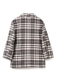 Cappotto in misto lana a quadri nelle tonalità di grigio, bianco e rosa chiaro. Presenta un colletto, maniche a tre quarti e un design a taglio dritto.