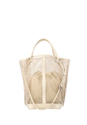 Sac fourre-tout en maille couleur crème avec bordure solide et bandoulière réglable, comprenant une pochette beige à l'intérieur.
