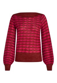 Rot und rosa gemusterter Pullover mit lockerer Passform, Rautenformen und puffigen Ärmeln. Gerippter Saum und Bündchen, aus weichem, strukturiertem Stoff.