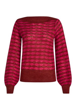 Rot und rosa gemusterter Pullover mit lockerer Passform, Rautenformen und puffigen Ärmeln. Gerippter Saum und Bündchen, aus weichem, strukturiertem Stoff.