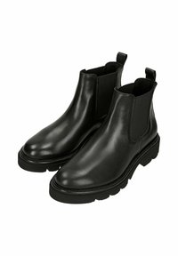 Zwarte leren Chelsea-boots met elastische zijpanelen, ronde neus en gestructureerde rubberen zool. Twee trekkoorden aan de achterkant voor gemakkelijke aan- en uittrekken.