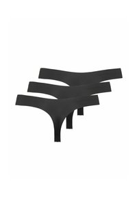 Tres pares de tangas para mujeres en negro, hechas de un tejido elástico, con un diseño minimalista que presenta una cinturilla estrecha y bordes sin costuras.