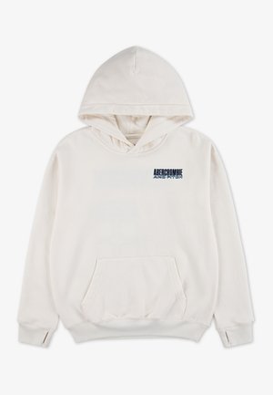 Witte capuchontrui met voorzak en klein donkerblauw Abercrombie and Fitch-logo op de borst.