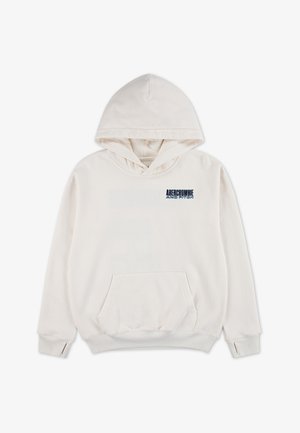 Witte capuchontrui met voorzak en klein donkerblauw Abercrombie and Fitch-logo op de borst.