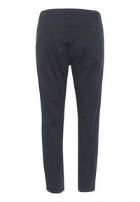 Pantalons bleu foncé à coupe droite, avec une texture lisse, deux poches arrière et des passants de ceinture à la taille.