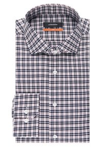 Camicia da uomo slim-fit piegata con motivo a scacchi nero, bianco e rosa e polsini abbottonati.