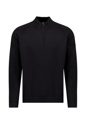 Zwarte gebreide pullover met een halve ritssluiting aan de kraag, geribbelde accenten op de schouders en manchetten, en een rechte zoom. Gladde textuur met een aansluitende pasvorm.