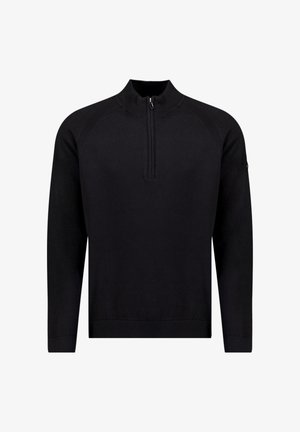 Zwarte gebreide pullover met een halve ritssluiting aan de kraag, geribbelde accenten op de schouders en manchetten, en een rechte zoom. Gladde textuur met een aansluitende pasvorm.