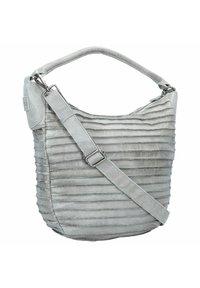 Szara skórzana torebka z teksturowanym wzorem w paski, wyposażona w odpinany pasek na ramię oraz krótki uchwyt górny. Elementy wykończeniowe w srebrnym odcieniu.