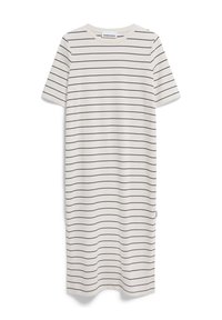 Bílé šaty po kolena s krátkými rukávy, s tenkými horizontálními černými pruhy a kulatým výstřihem.