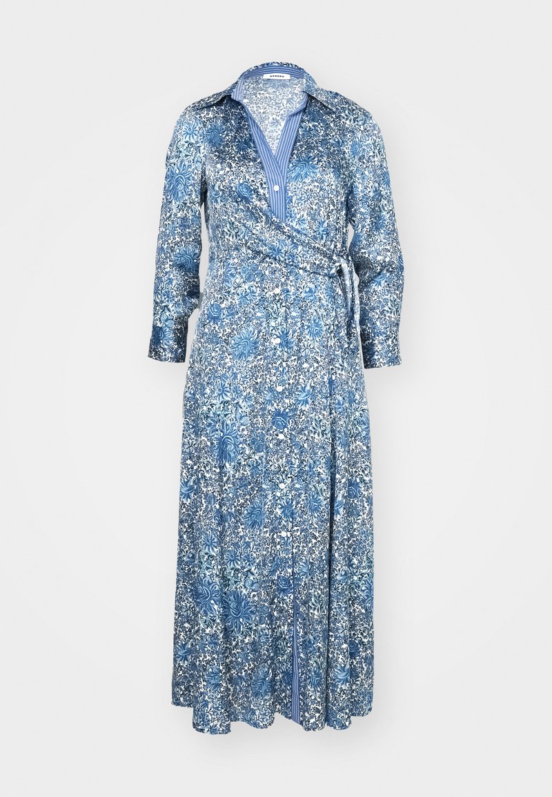 Blaue Blumenkleid mit Wickeldesign, Kragen, langen Ärmeln und einer taillierten Bindung, mit blau-weißer gestreifter Innenfutter.