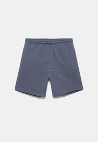 Shorts bleus avec taille élastique et cordon ajustable, tissu doux et coupe décontractée, affichés sur un fond blanc uni.