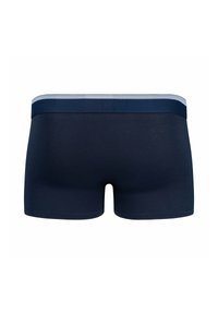 Boxer shorts blu navy con una cintura grigia a contrasto. Tessuto morbido e liscio con un design aderente e senza motivi o accessori visibili.