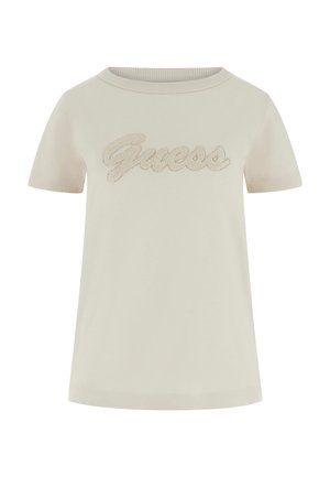 Tricou bej cu mâneci scurte, guler rotund, cu logo-ul „Guess” brodat cu ață bej asortată pe piept.