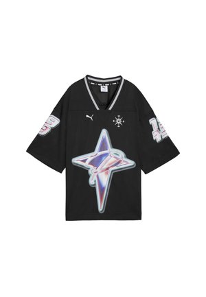 Black mesh jersey featuring a large iridescent star graphic in the center, with oversized numbers "99" and "14" on the sleeves.