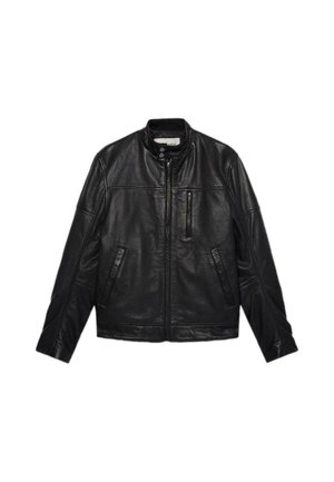 Schwarze Lederjacke mit Stehkragen, Reißverschluss und zwei Seitentaschen. Verfügt über eine Reißverschlusstasche auf der Brust und genähte Details.