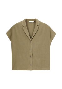 Chemise kaki à manches courtes avec un col, dotée de cinq boutons sur le devant et d'un tissu en lin texturé.